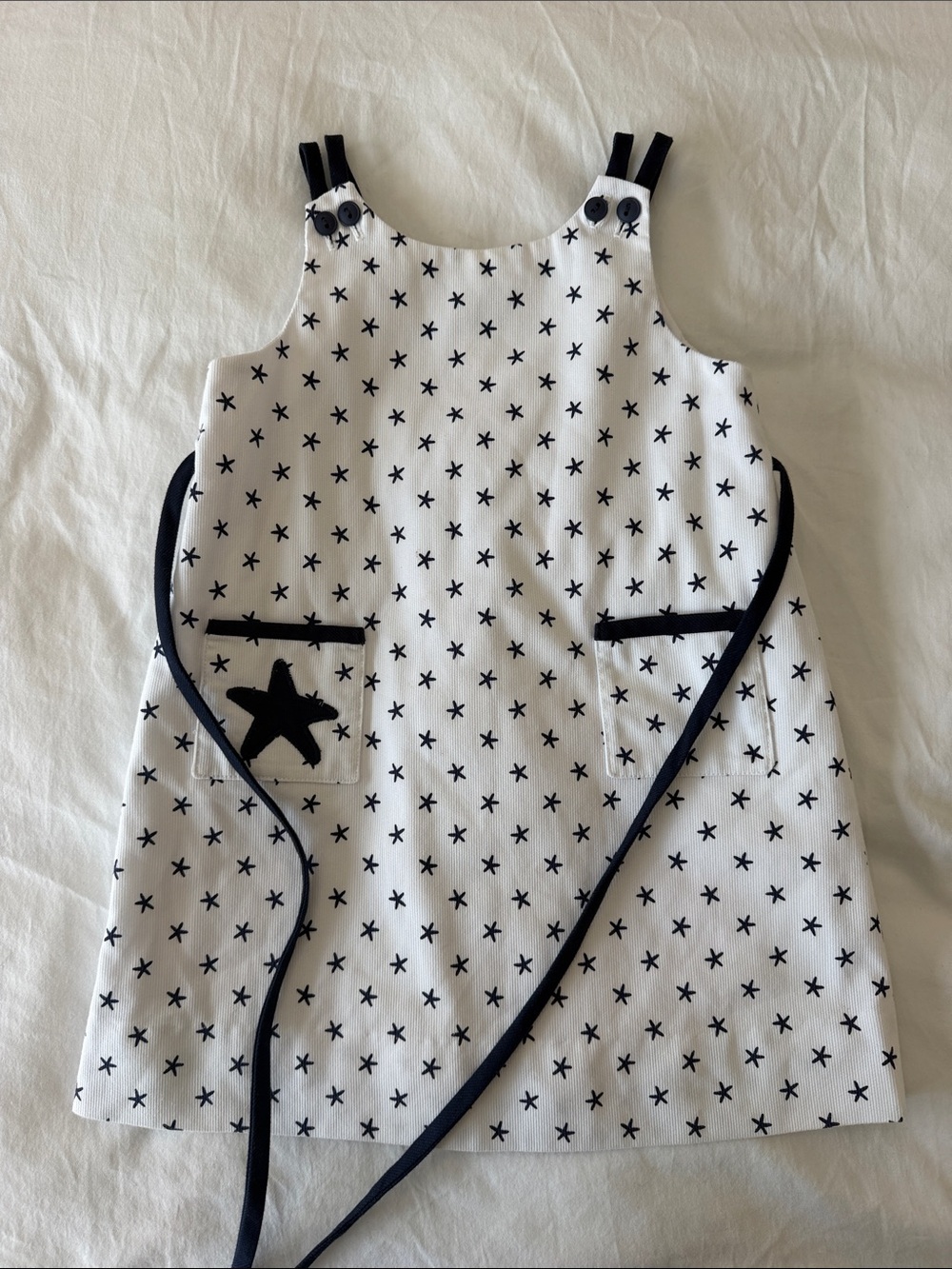 Florence Eiseman White Sleeveless Star-Print Pajama Dress with Black Trim